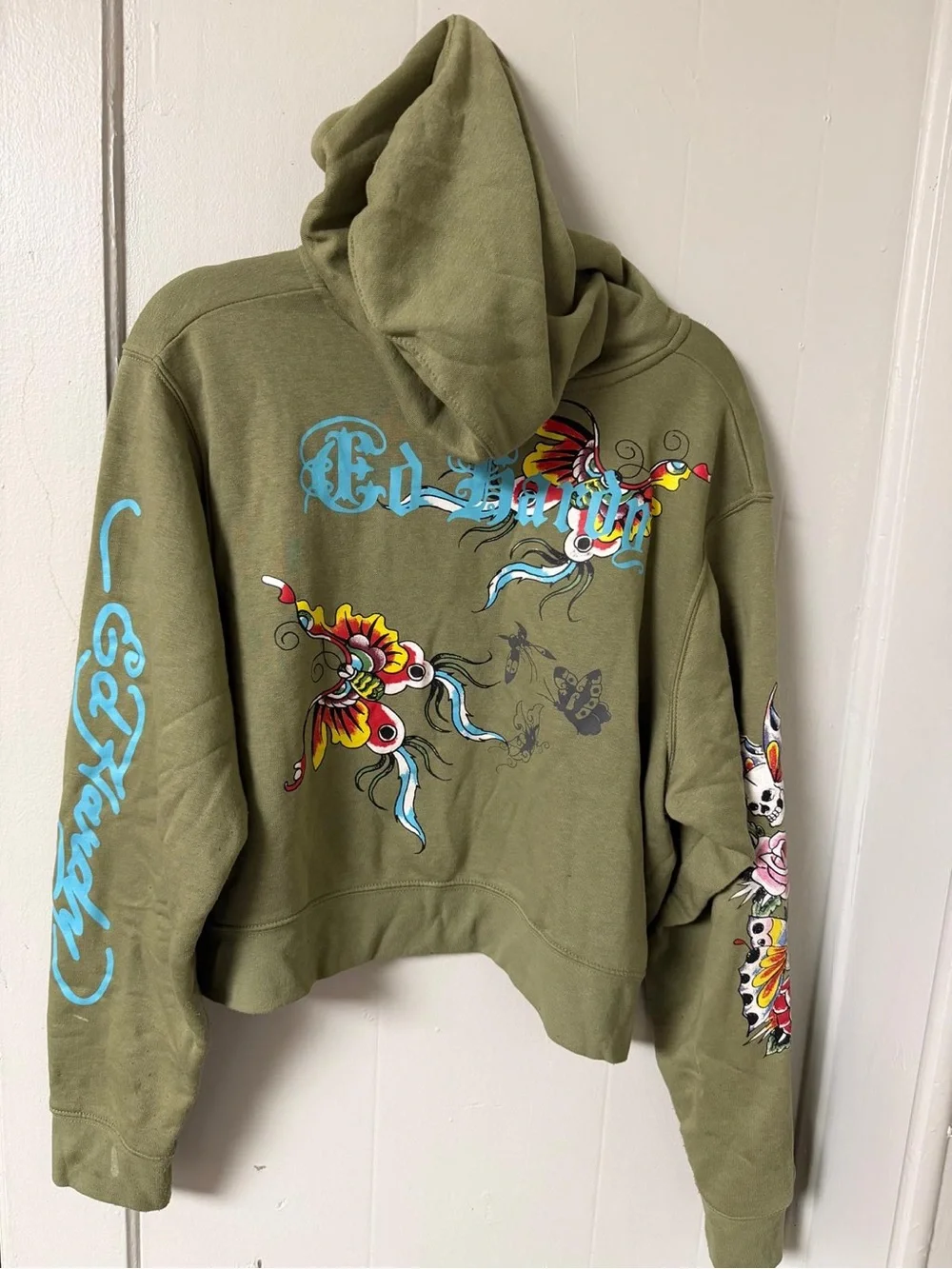 Ed Hardy Women’s Olive Green Graphic Zip Hoodie Sweater
